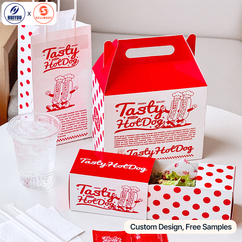 HUIYOU Fried Chicken Hot Dog Packaging Paper Box Takeaway Food Container with Handle Custom Printed