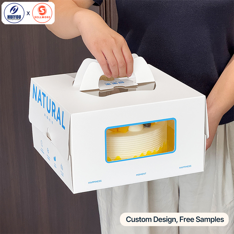 HUIYOU Birthday Cake Packaging Box Paper Cake Box With Window & Handle for Takeout & Commercial Use