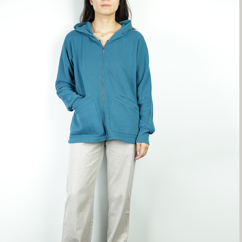 MW0408 Women's Hemp Cotton Terry 320gsm Hoodies Sweatshirt Lake Blue Open-Front Cardigan Top