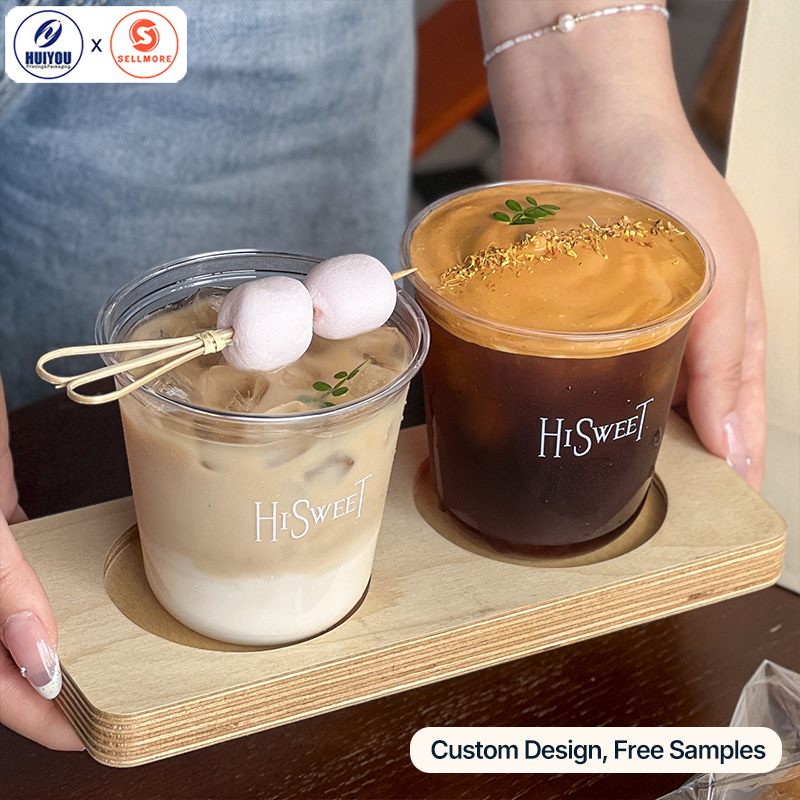 HUIYOU Disposable PET Plastic Cup with Lid Custom Logo Printed Takeaway Coffee Milk Tea Plastic Cup