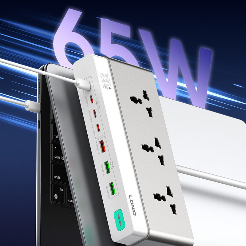 LDNIO SC3 PD 100W GaN Power Strip Multi Port Charging Station Wide 3 AC Outlet Desktop Power Strip