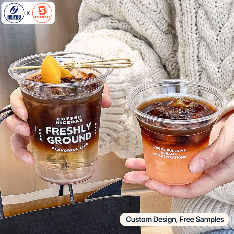 HUIYOU Compostable PLA Cold Drink Cup with Lid Eco-friendly Custom Printed Disposable Coffee Tea Cup