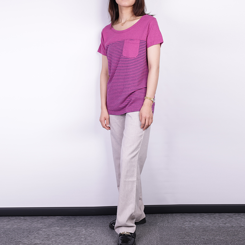 MW0413 Women's T-shirt, hemp organic cotton knitted Jersey175gsm Pink striped top
