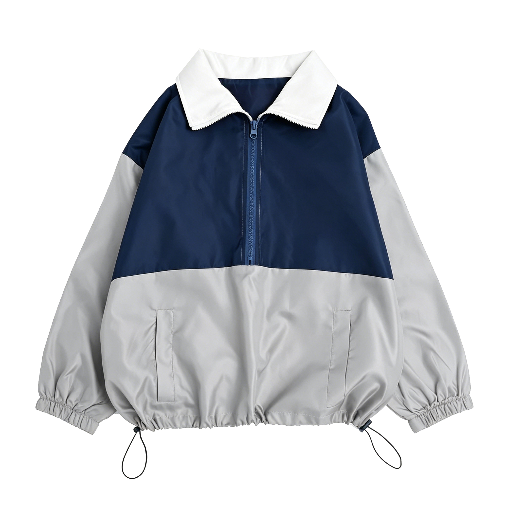 Children's Color Block Half-Zip Windbreaker Jacket, Retro Oversized Casual Coat with Drawstring Hem