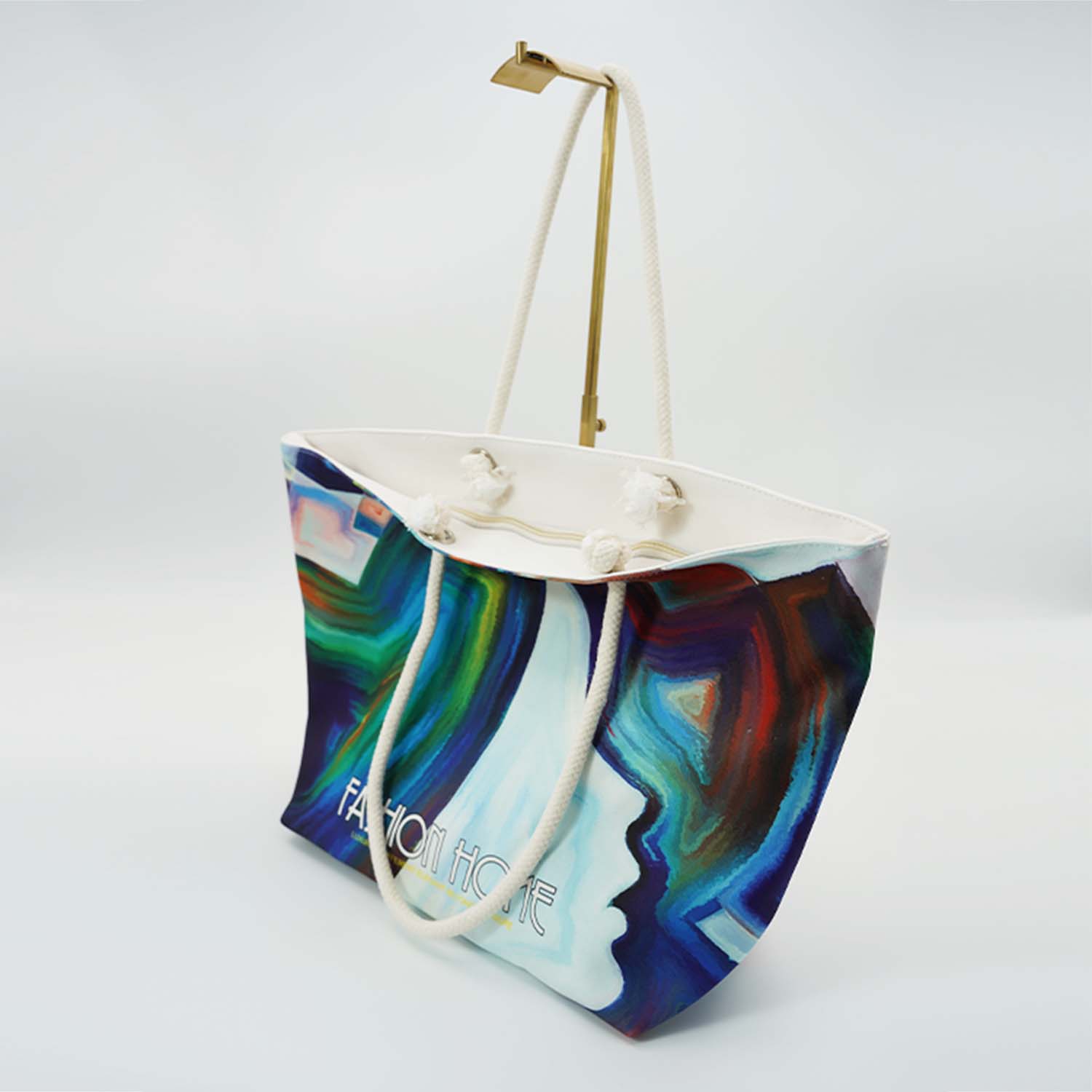 Custom Large Capacity Oil Painting Style Marble Print Neoprene Canvas Jute Rope Beach Tote Bag