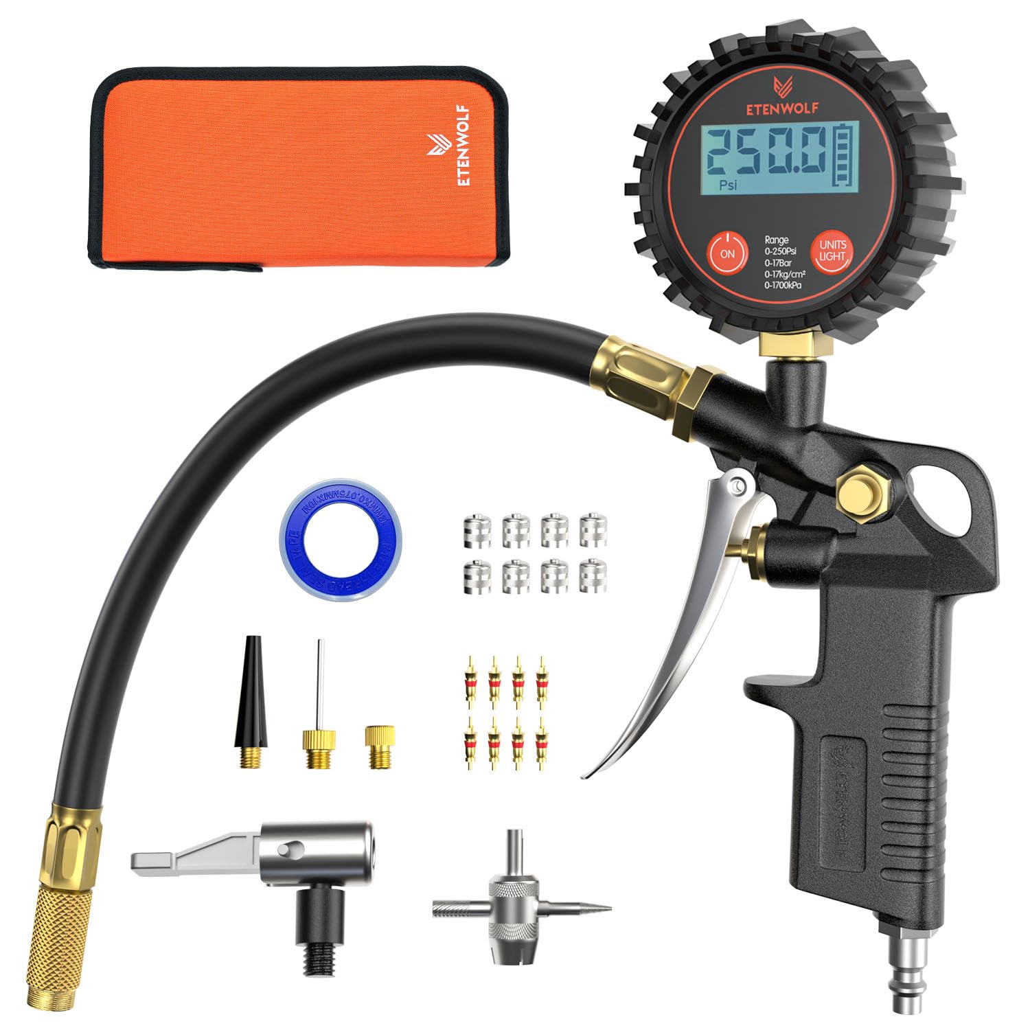 ETENWOLF T500 Digital Tire Pressure Gauge with Inflator 0~250 PSI