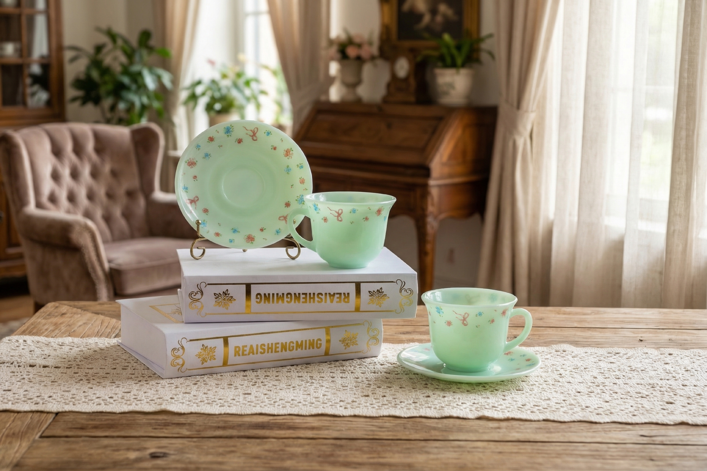 Jade Glass Cup With Saucer