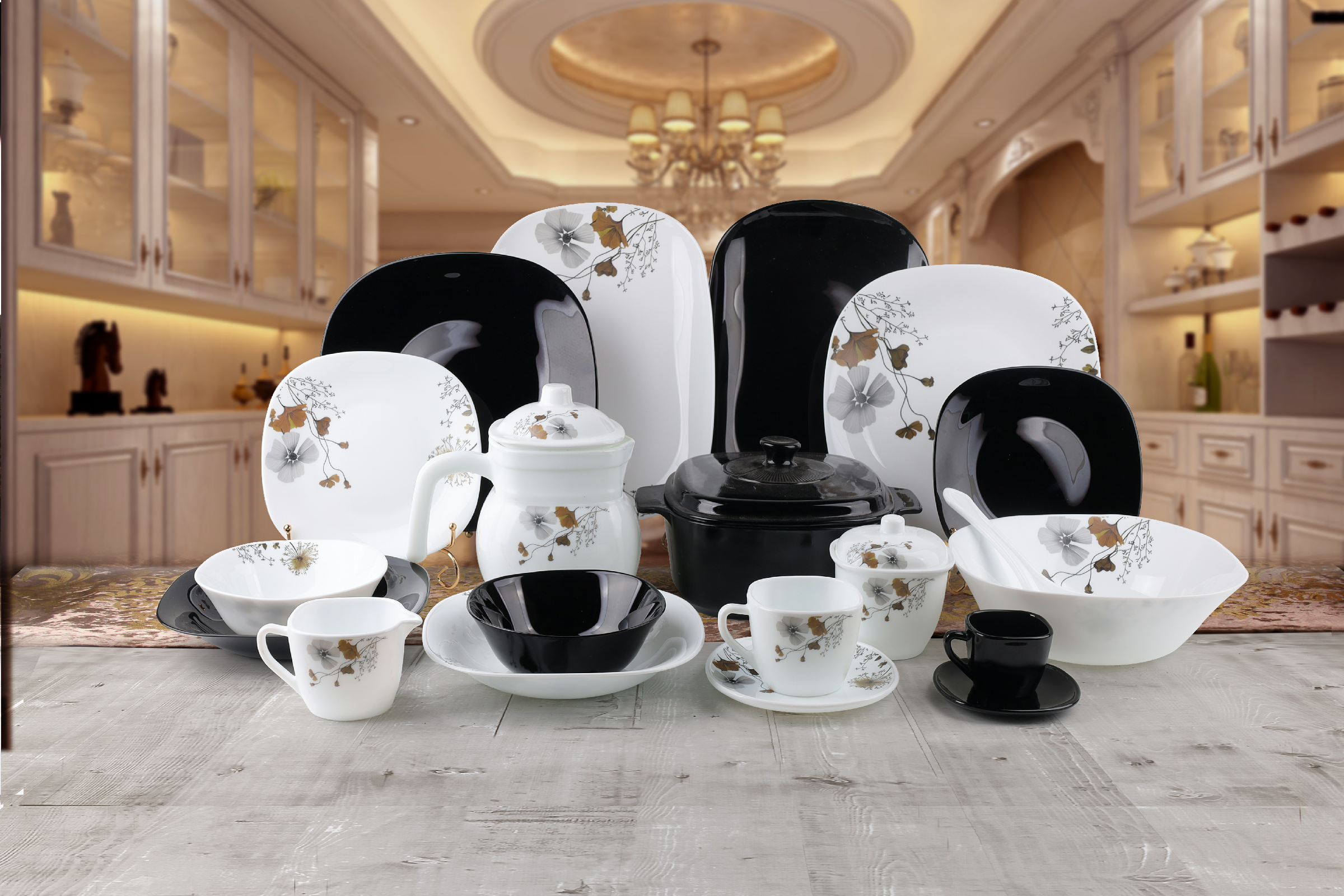 72pcs Black&white Opal Glass Tableware