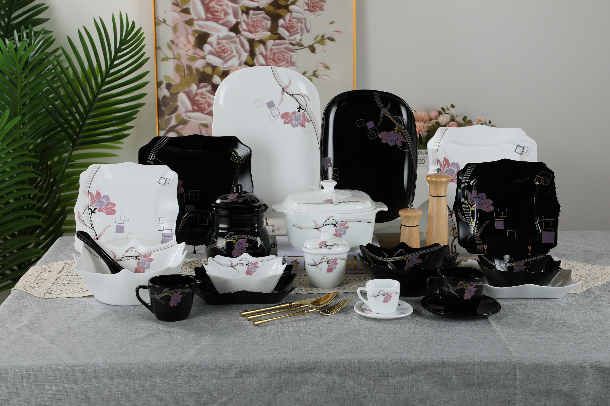 60pcs Black&white Opal Glass Tableware