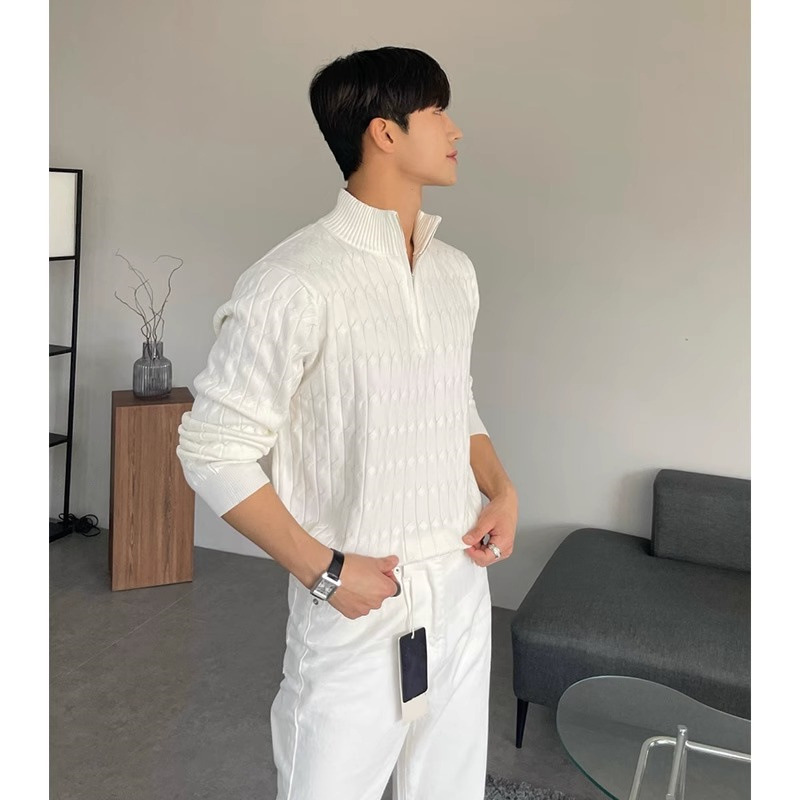 Men's Casual Plain Long Sleeve Stand Collar Quarter Zip Texture Cable Knit Sweater