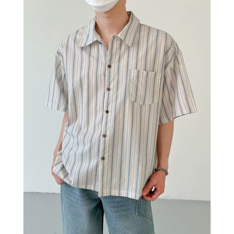 Men's Casual Collared Half Sleeve Patch Pocket Striped Shirt