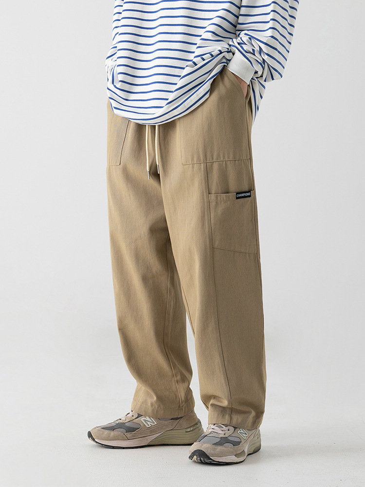 Men's Casual 100%Cotton Plain Patch Pocket Elastic Waist Drawstring Cargo Long Pant