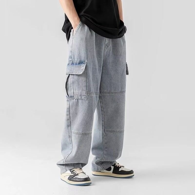 Men's Casual Distressed Washed Plain Flap Pockets Elastic Waist Drawstring Cargo Denim Pant
