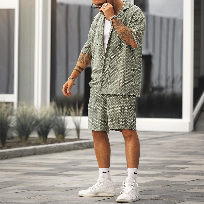 Men's Casual Chevron Lapel Short Sleeve Button Down Patch Pocket Shirts & Shorts 2 Piece Set