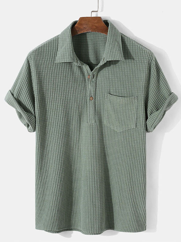 Men's Casual Plain Plaid Texture Short Sleeve Patch Pocket Polo Shirt