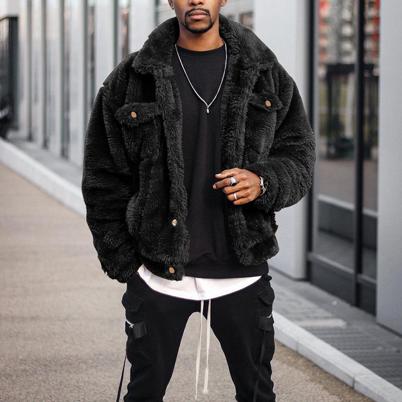 Men's Fashion Plain Lapel Collar Long Sleeve Flap Pockets Thermal Jacket