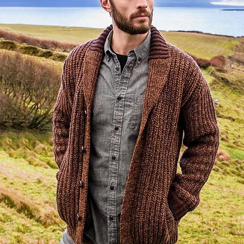 Men's Casual Plain Lapel Collar Ribbed Chunky Knit Long Sleeve Button Down Cardigan