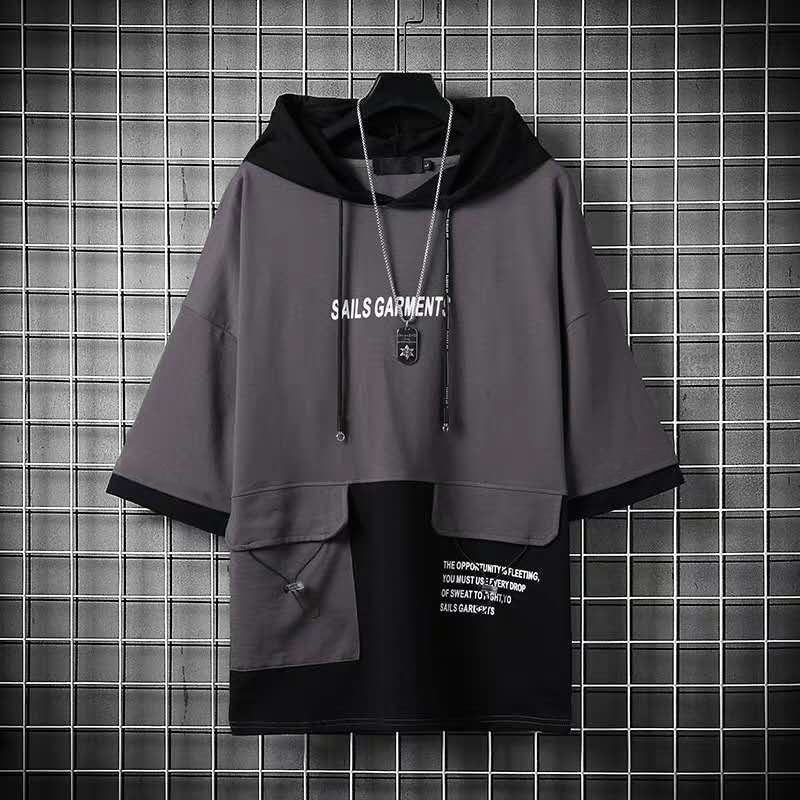 Men's Casual Letter Splicing Colorblock Drawstring Flap Pockets Hooded Half Sleeve T-shirt
