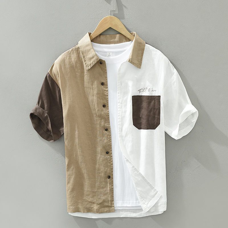 Men's Casual Shirt Collar Colorblock Button Down Patch Pockets Shirt