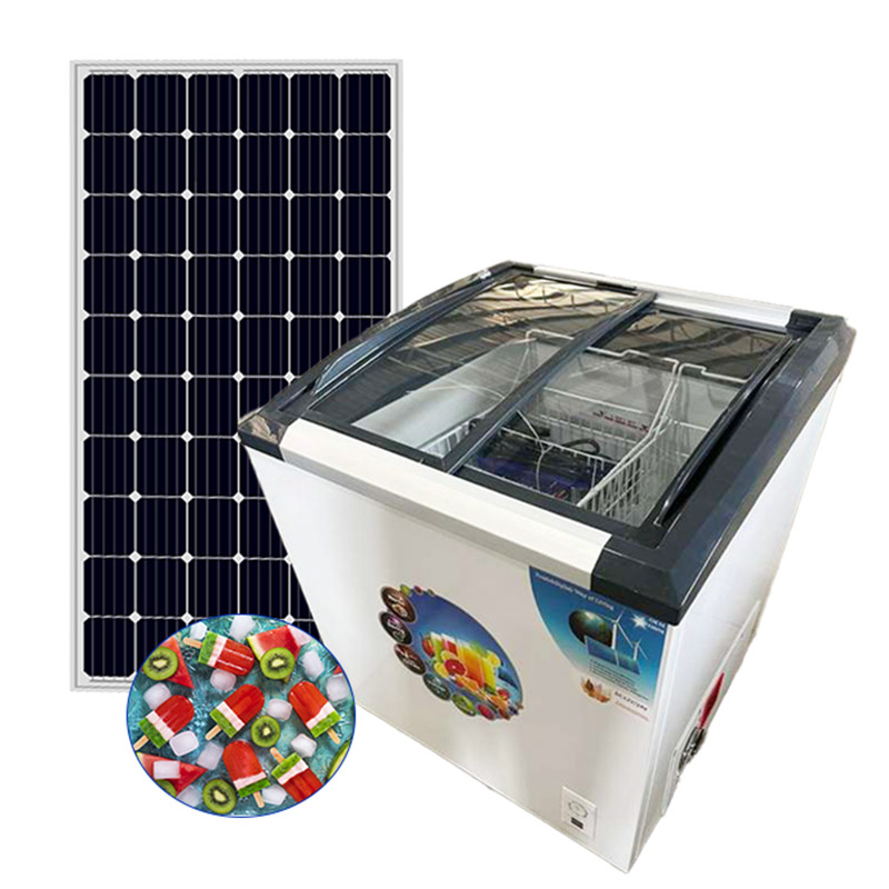 168L Solar Curved Arc Glass Door Ice Cream Freezer Commercial Refrigerator OEM/ODM/SKD/CKD PAYGO