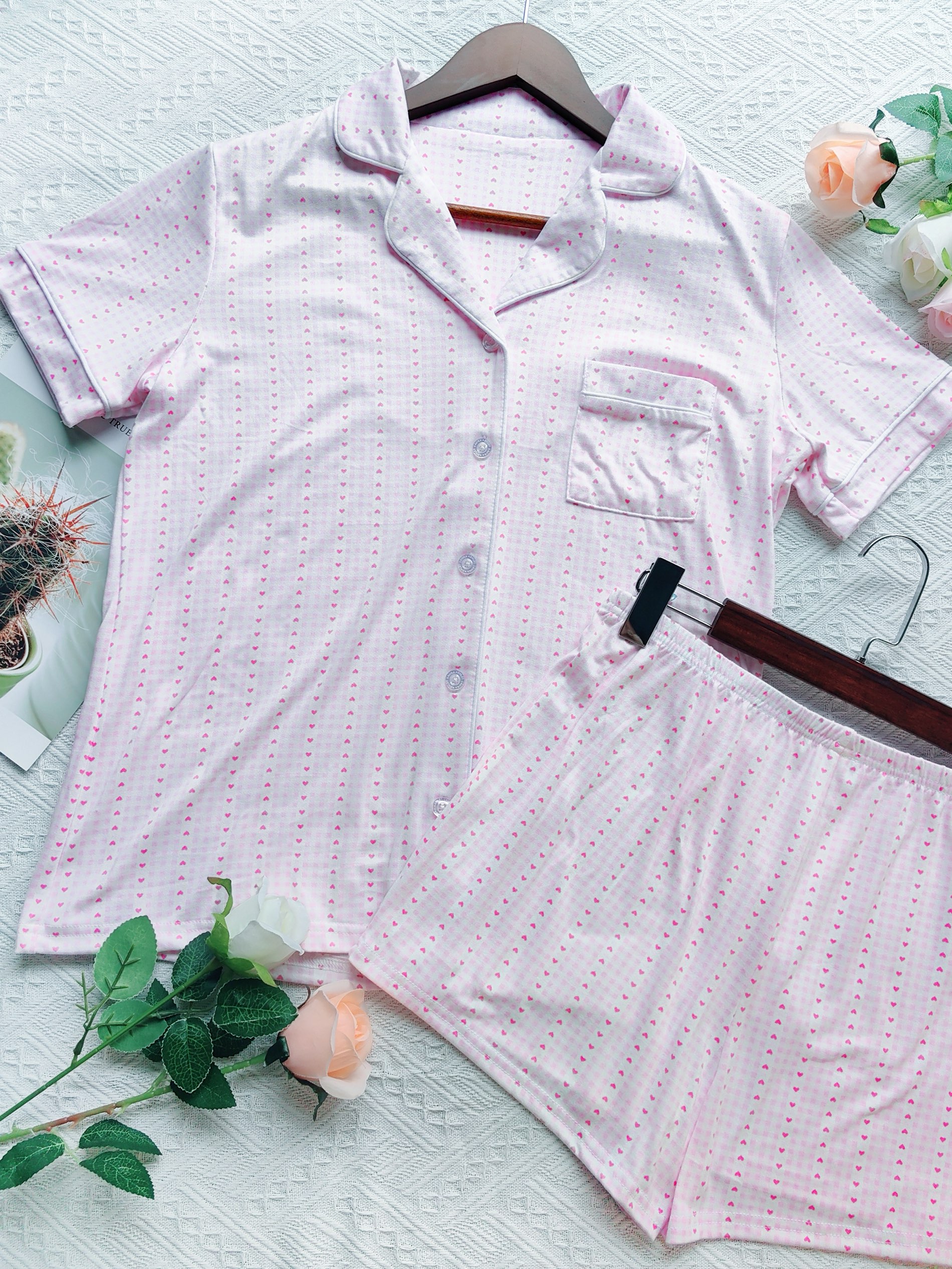 Pink White Check Heart Print Lapel Short Sleeve & Shorts Loungewear Set