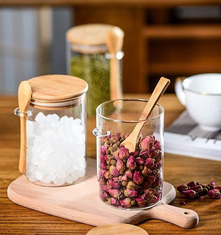 High borosilicate glass sealed jar, round with spoon, candy, tea, coffee beans storage jar