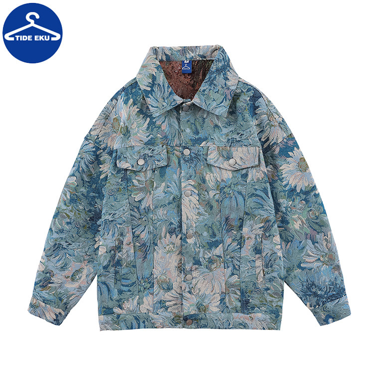 Men's Casual Collared Long Sleeve Floral Print Double Pocket Button Down Shirt Jacket