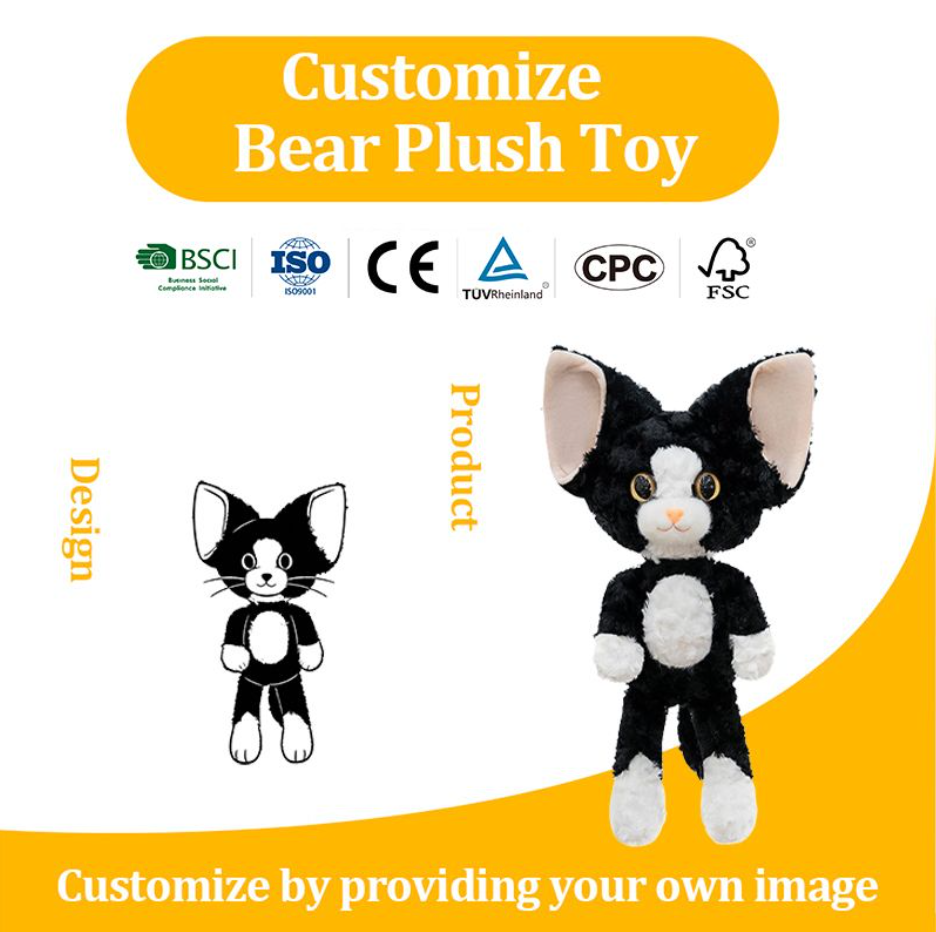 Custom Logo Black Cat Plush Toy Cute Stuffed Animal Soft Mascot Personalized Gift