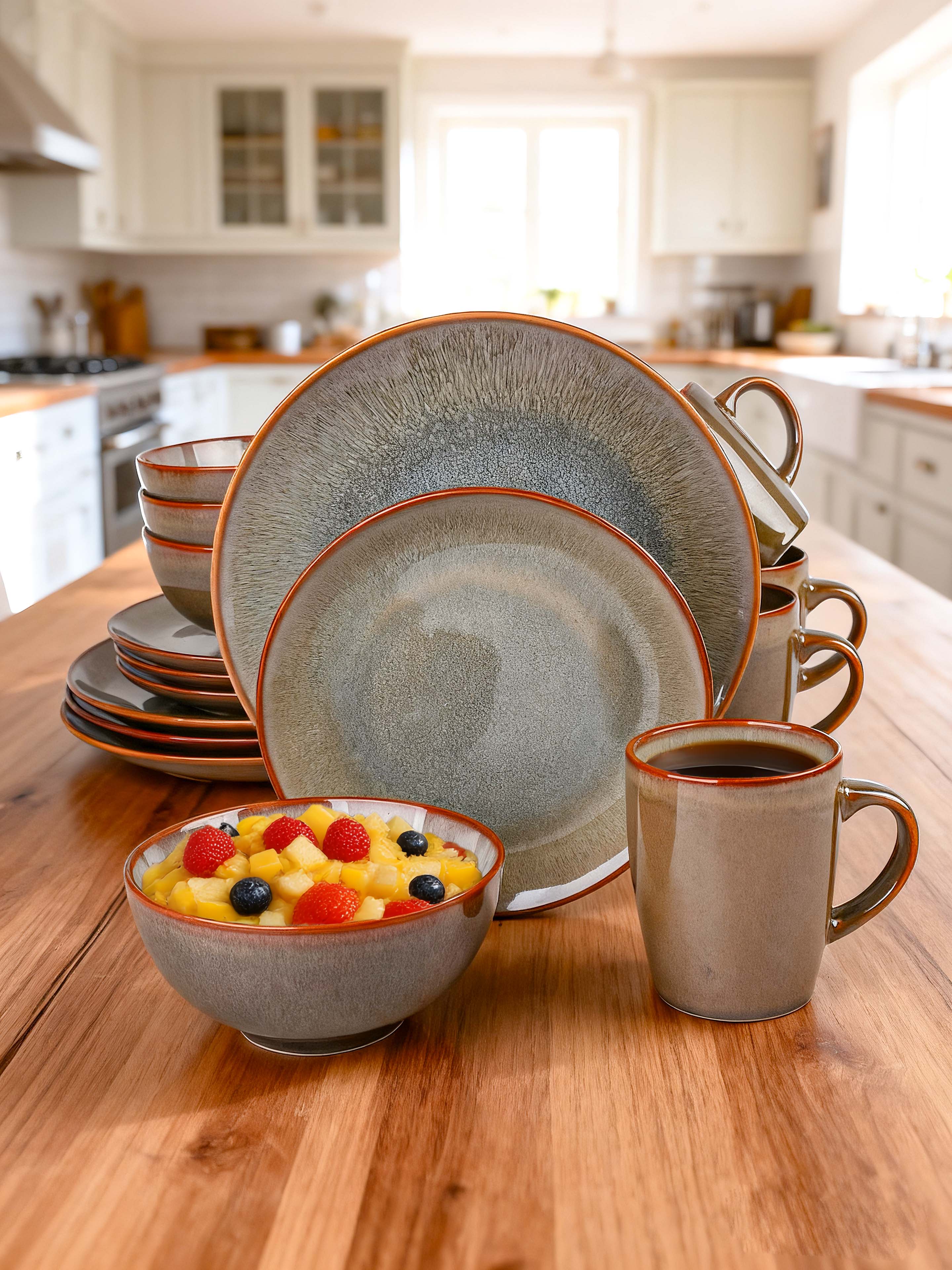 Stonware reactive glaze 16pc dinner set grey green color