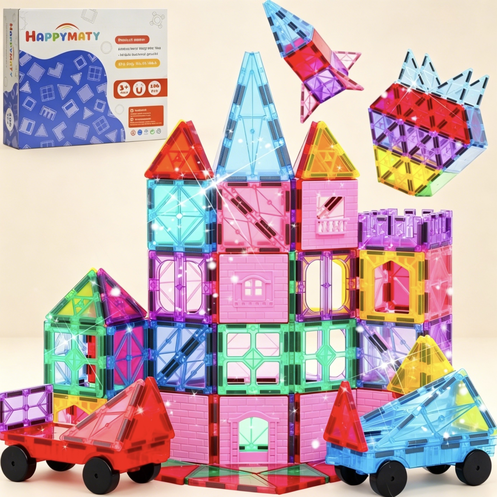 Happymat Antibacterial Magnetic Tiles 106 Pieces - Easy-to-Clean & Durable STEM Learning Kit