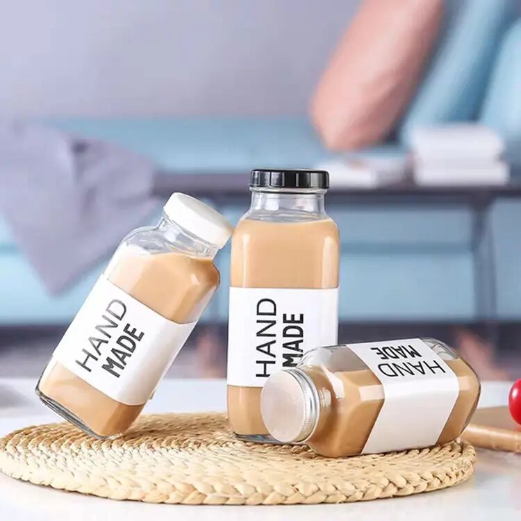 Square beverage bottle 350ml aluminum cap coffee milk tea bottle