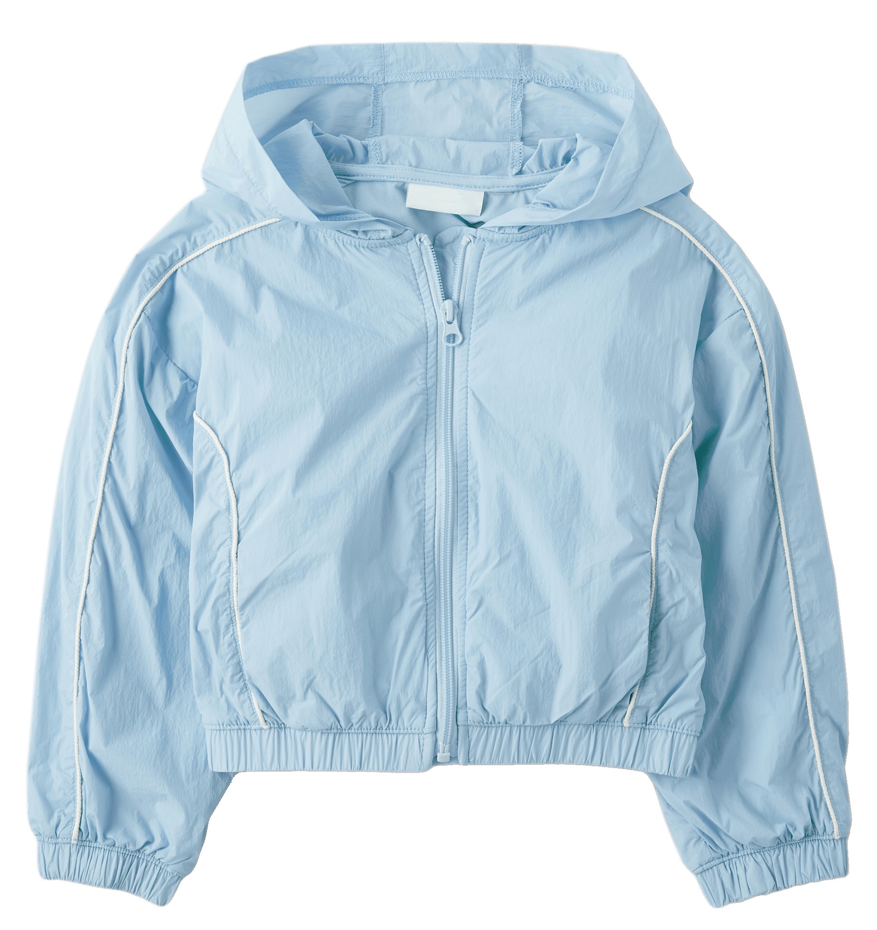Girls Cropped Hooded Windbreaker Jacket Light Blue Contrast Piping Cinched Waist Dropped Shoulder