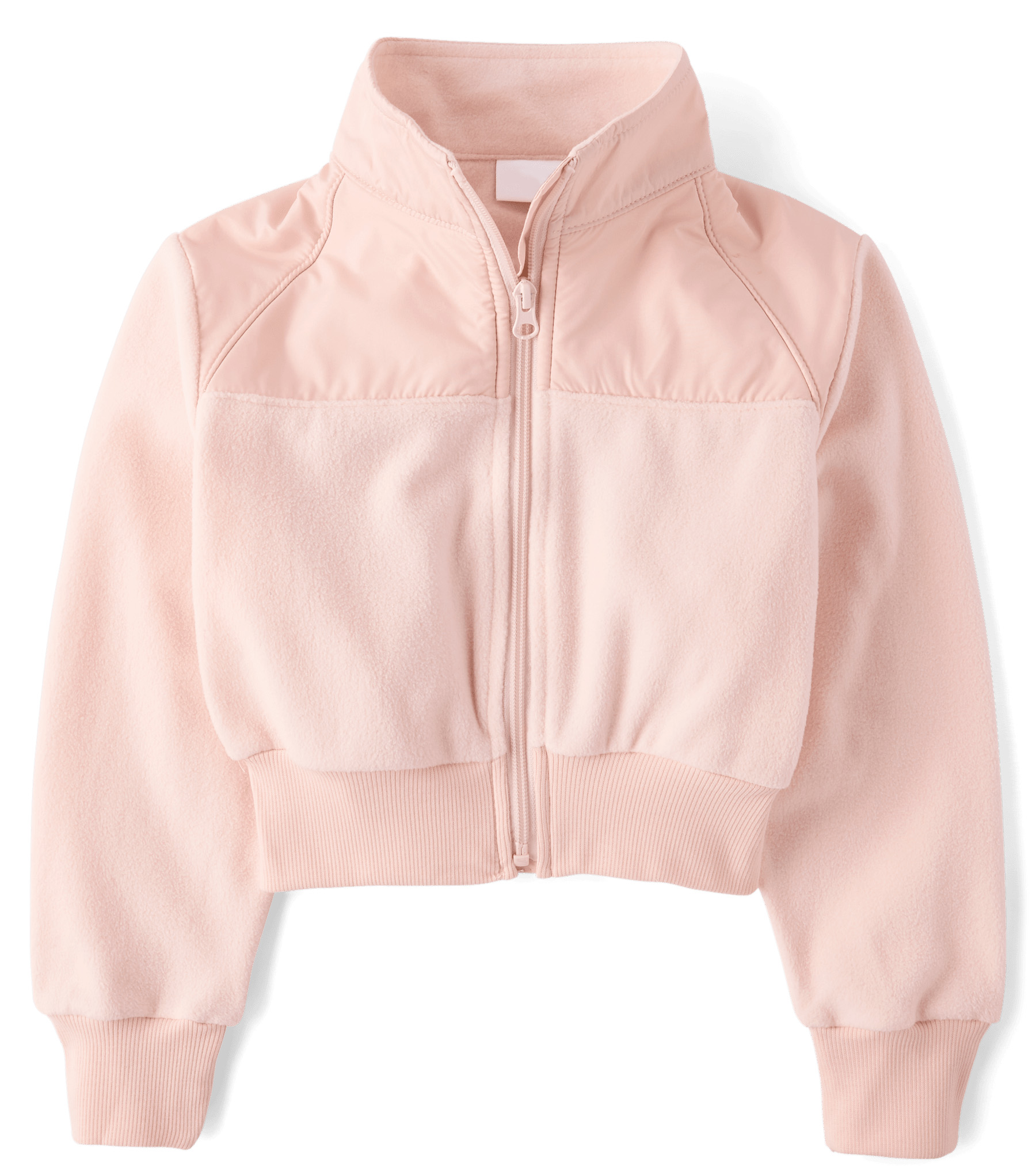 Girls Cropped Stand Collar Colorblock Fleece Jacket Pink High Waist Ribbed Hem Fall Winter Warm