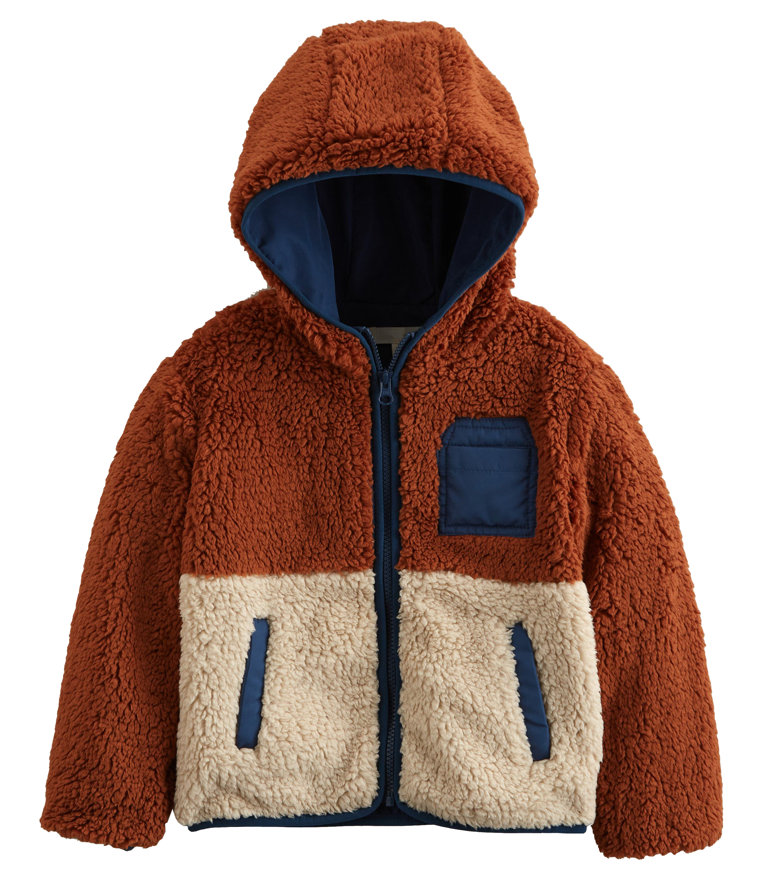 Kids Color Block Hooded Sherpa Jacket Boys Girls Caramel & Cream Color Contrast Fall Winter Thick