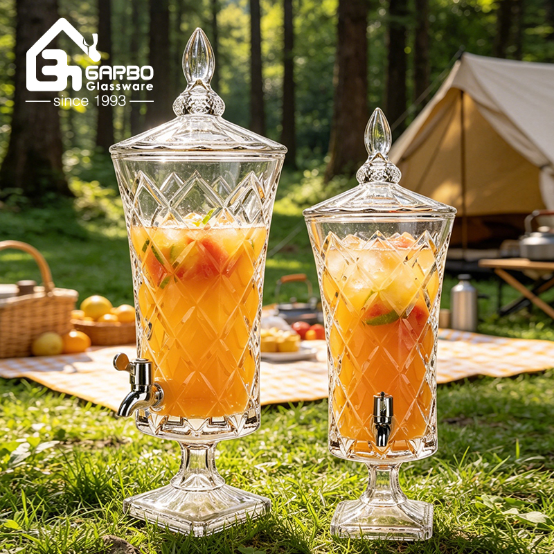 Elegant Diamond Cut Glass Beverage Dispenser with Spigot, Tall Pedestal Drink Dispenser