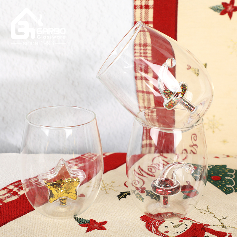 Christmas Themed Double Wall Glass Cups, Festive Sequin Decor Stemless Tumblers