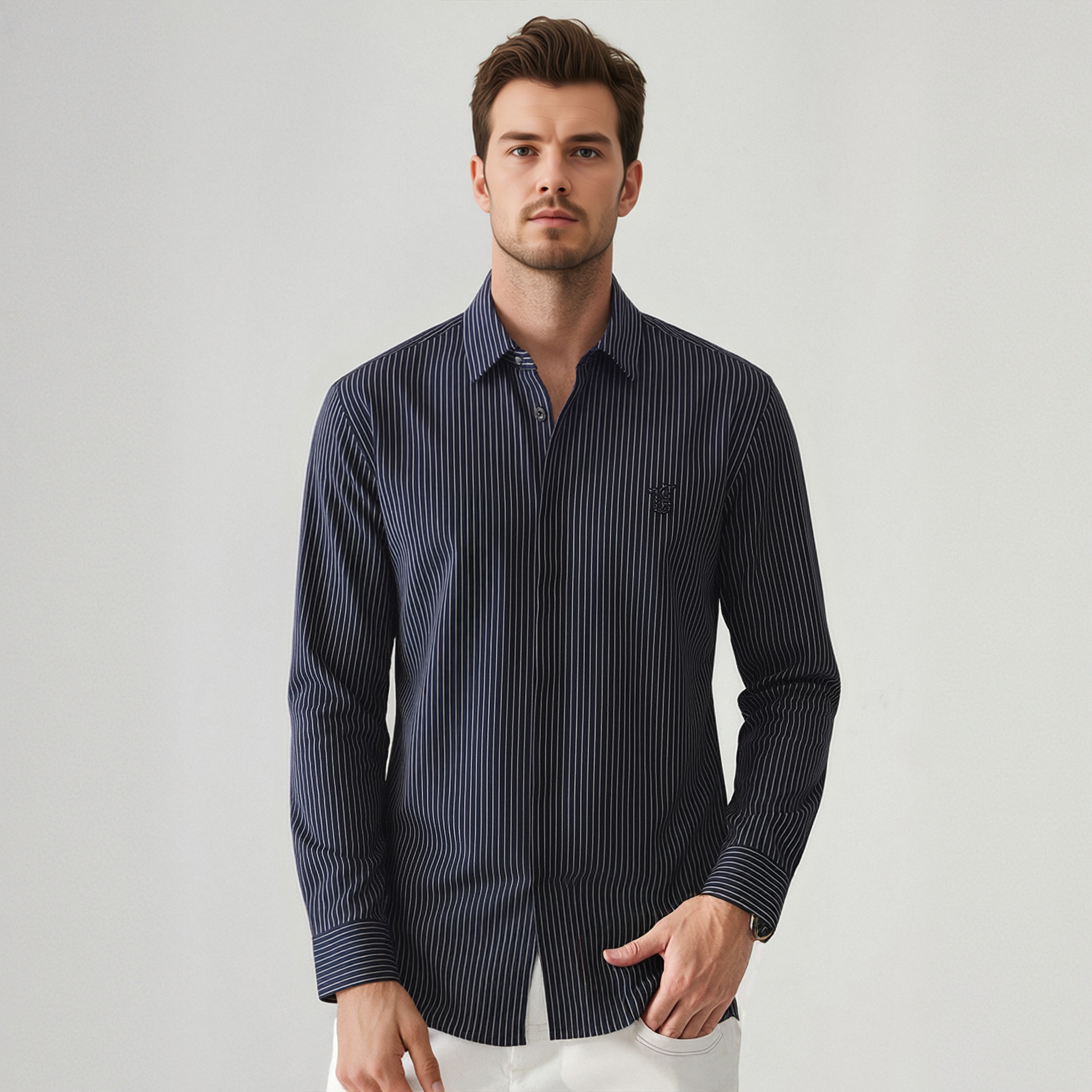 Men's Striped Shirt top Knitted Cotton Striped Mercerized Clothing 180GSM MW0434