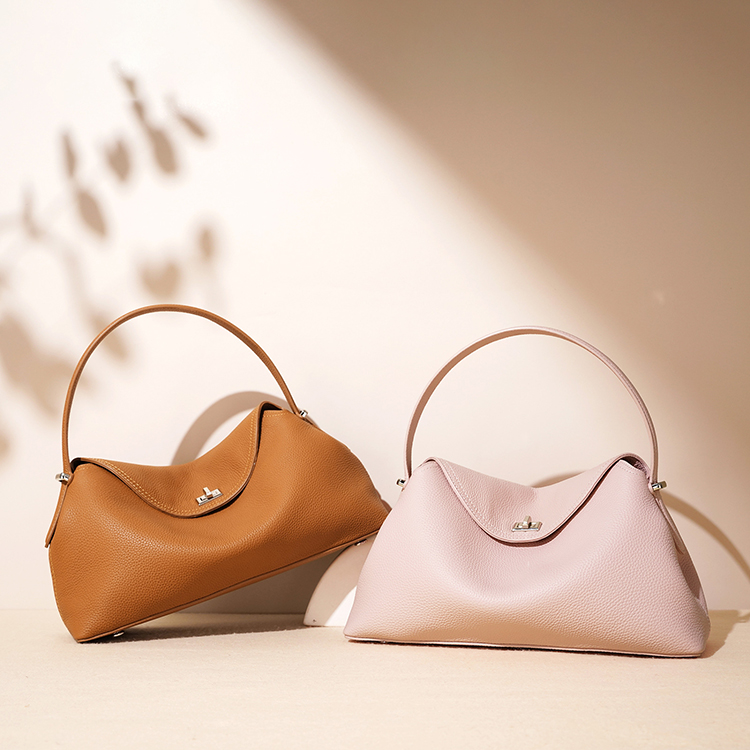 Genuine Leather Women's Half-Moon Handbag with Lock Closure Polyester Lining Stylish Shoulder Bag