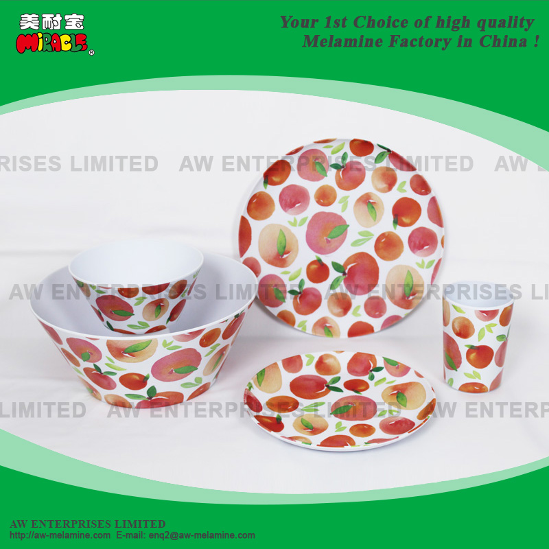 Melamine Dinner Set, Plate, Bowl, Tableware, Tray, Tumbler, Cup, Peach, Fruit Design
