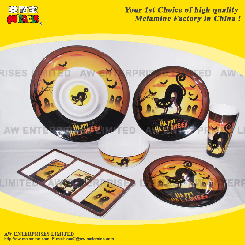Halloween Design Melamine Plate, Bowl, Cup, Tray, Dinner Set, Tableware, Black Cat, Bat