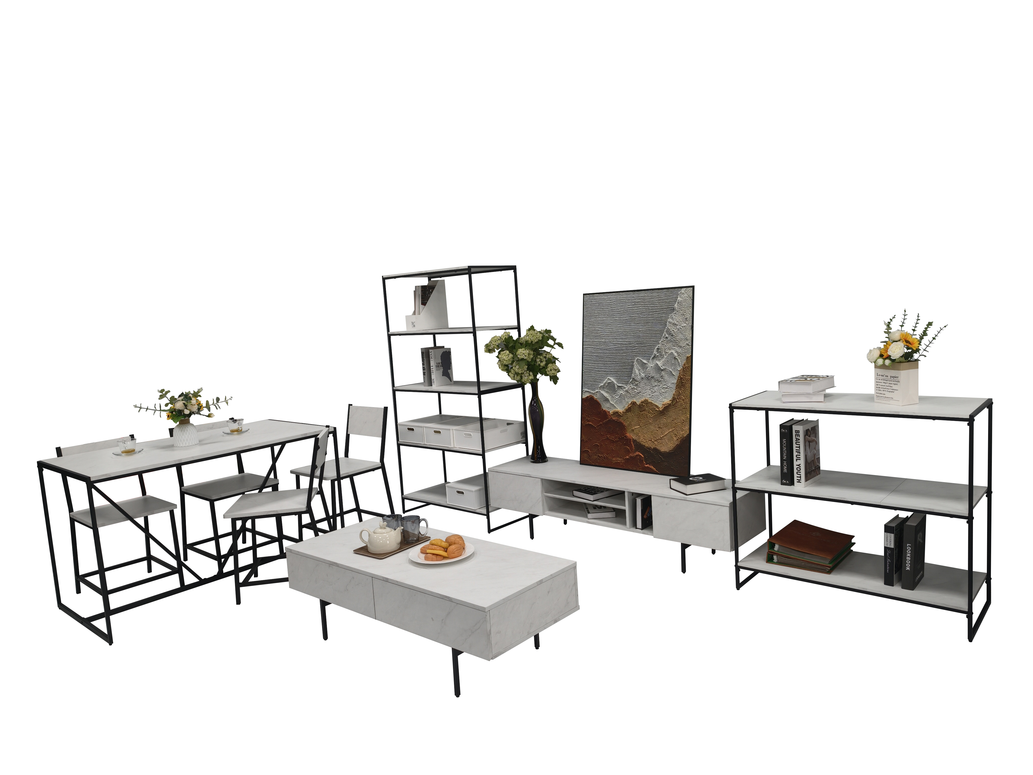 YILIAN+Scandinavian Steel Frame Dining Table+Melamine Faced Particle Board + Steel Tube Legs+OEM\ODM