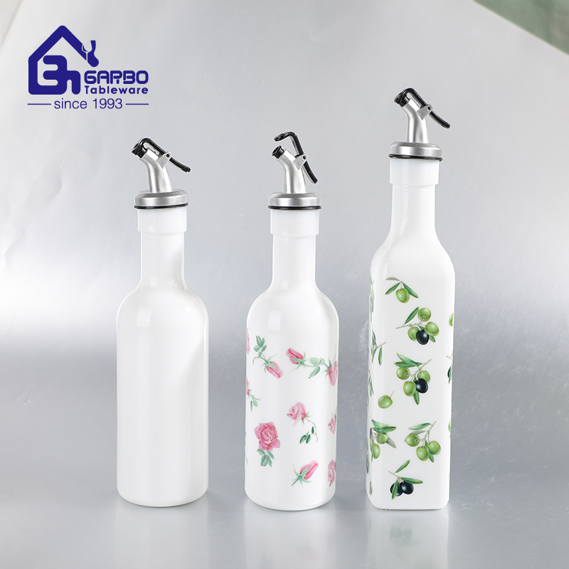 OEM kitchen seasoning bottle white opal glass oil bottle 350ml with spout.