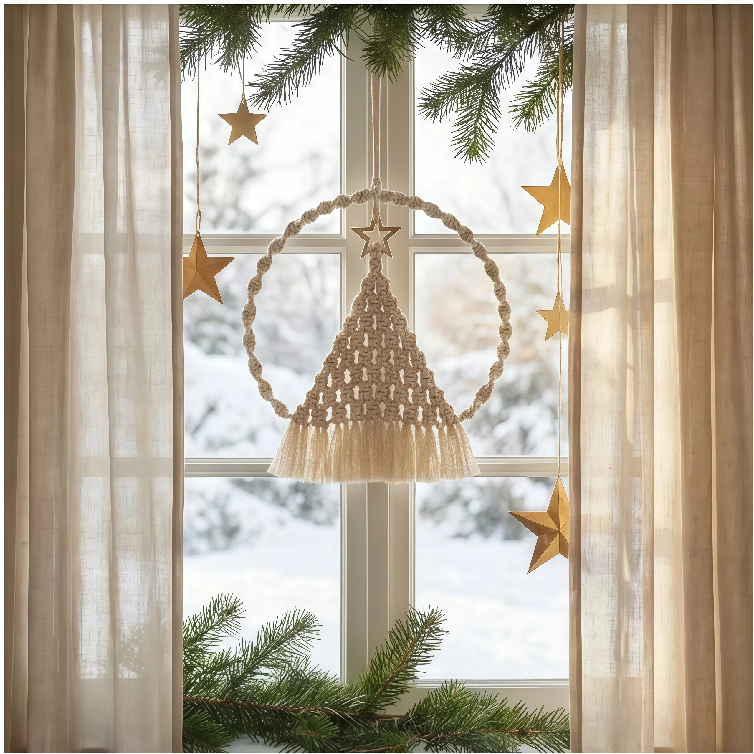 Boho Macrame Christmas Tree Wreath Wall Hanging, Hand Woven Tassel Window Decor