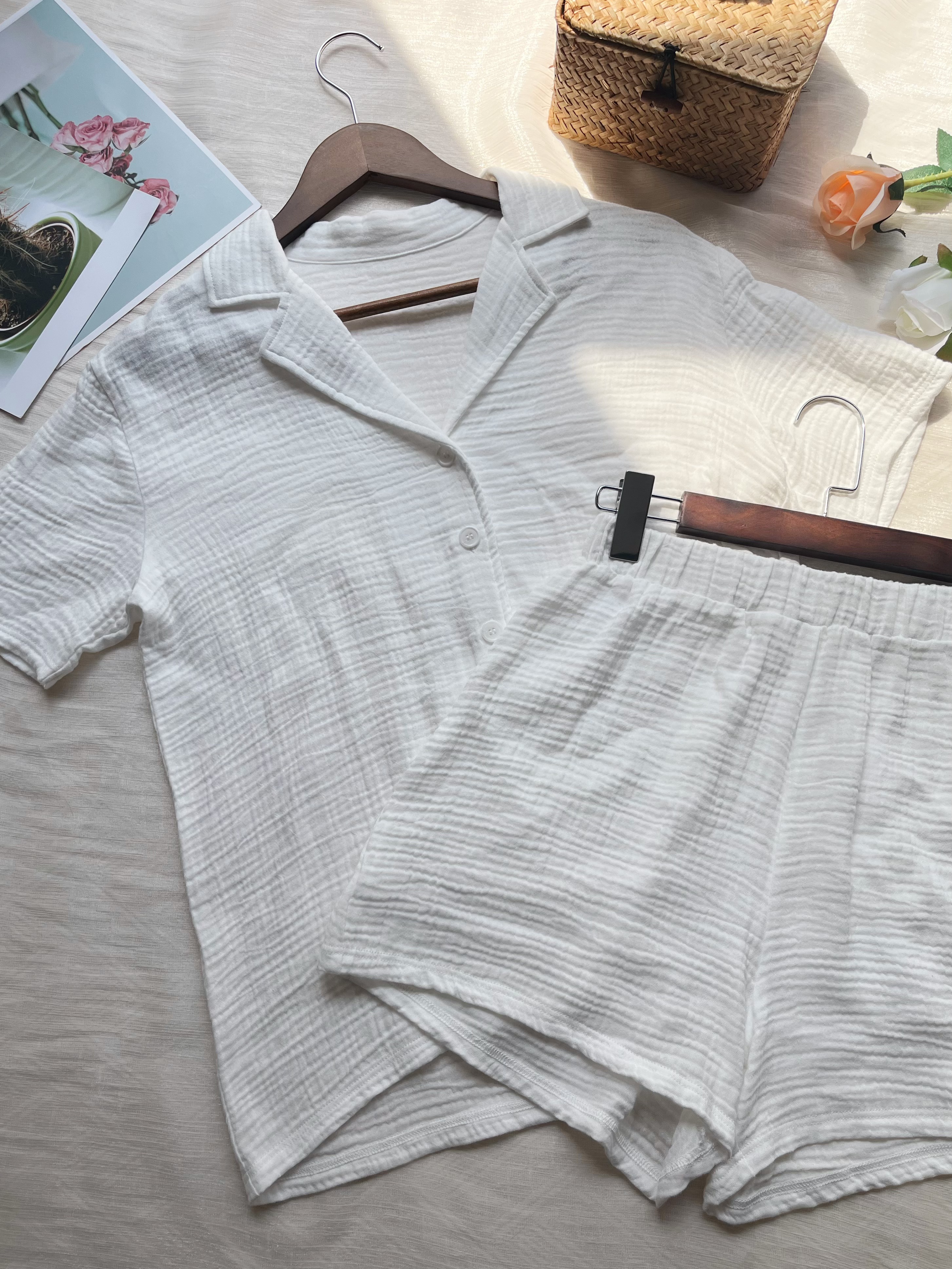 Pure Cotton Crinkle Gauze Short Sleeve Shorts Loungewear Set