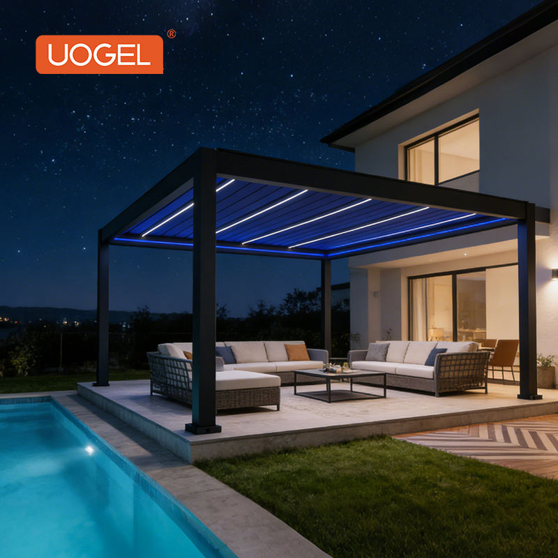 Durable Poolside Aluminum Alloy Pergola Built-in LED Lights Waterproof Rust-Free Energy-Saving A13