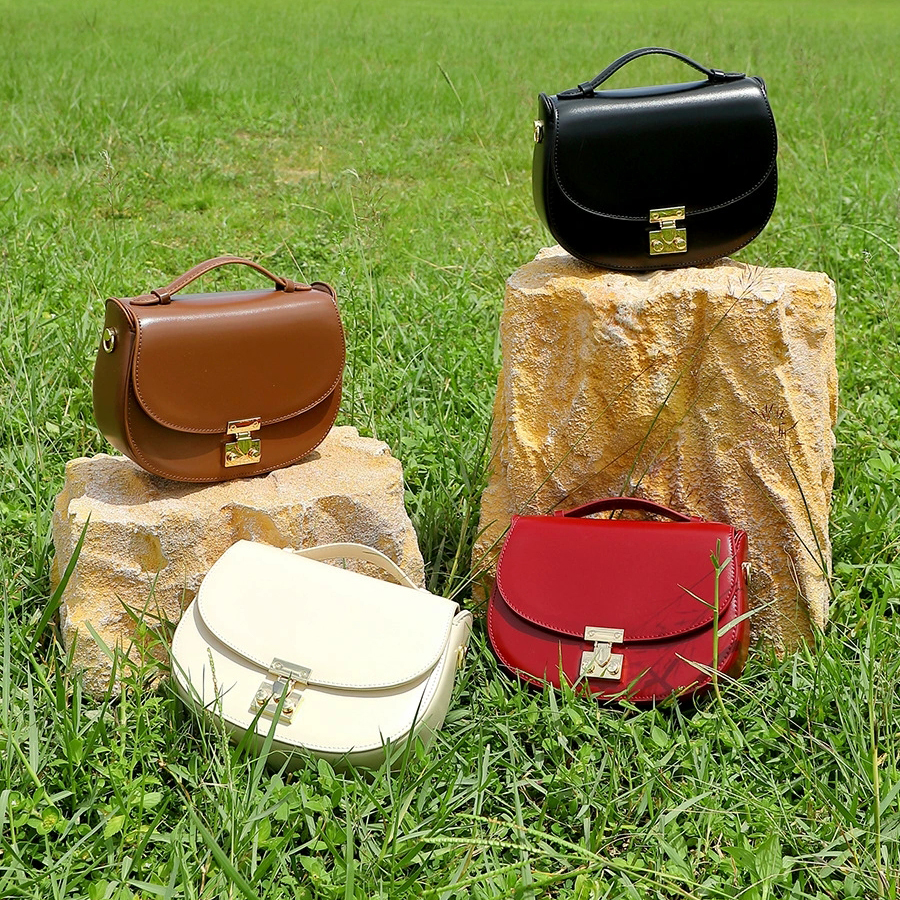 Lady Vintage Luxury Genuine Leather Saddle Crossbody Bag Waterproof Single Handle Polyester Lining