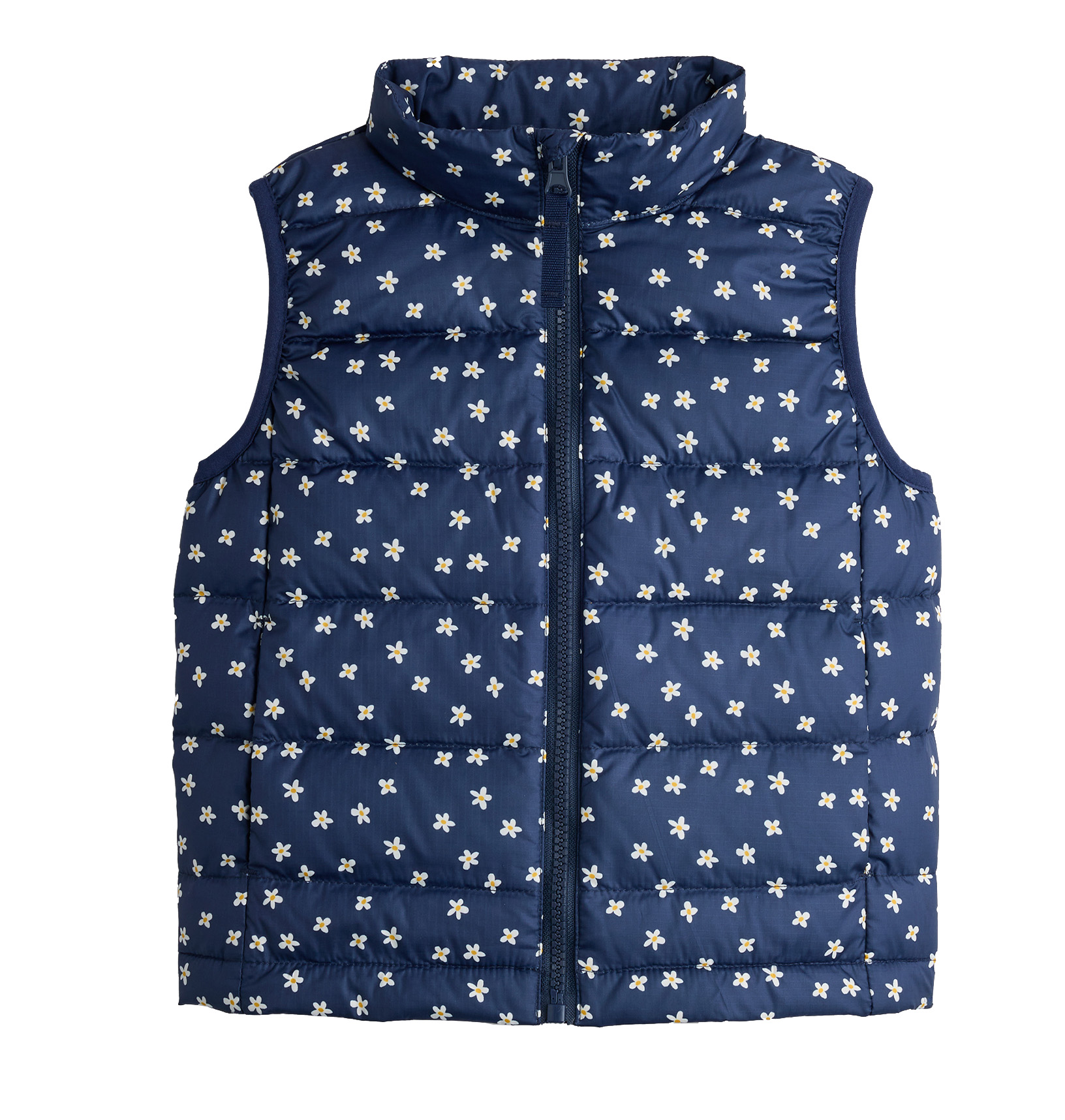 Kids Puffer Vest Girls Navy Small Floral Print Stand Collar Zip Up Lightweight Warm Sleeveless Gilet