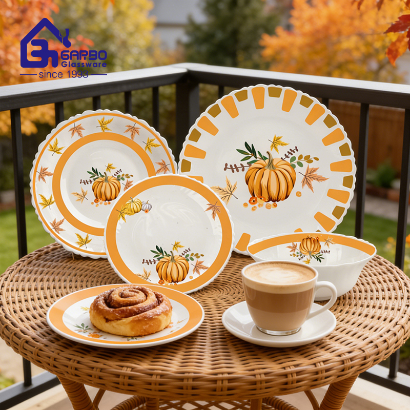 Food Grade Tempered Opal Glass Dinner Set glassware Flat Plate Dish Bowl Dinner Set of 24pcs