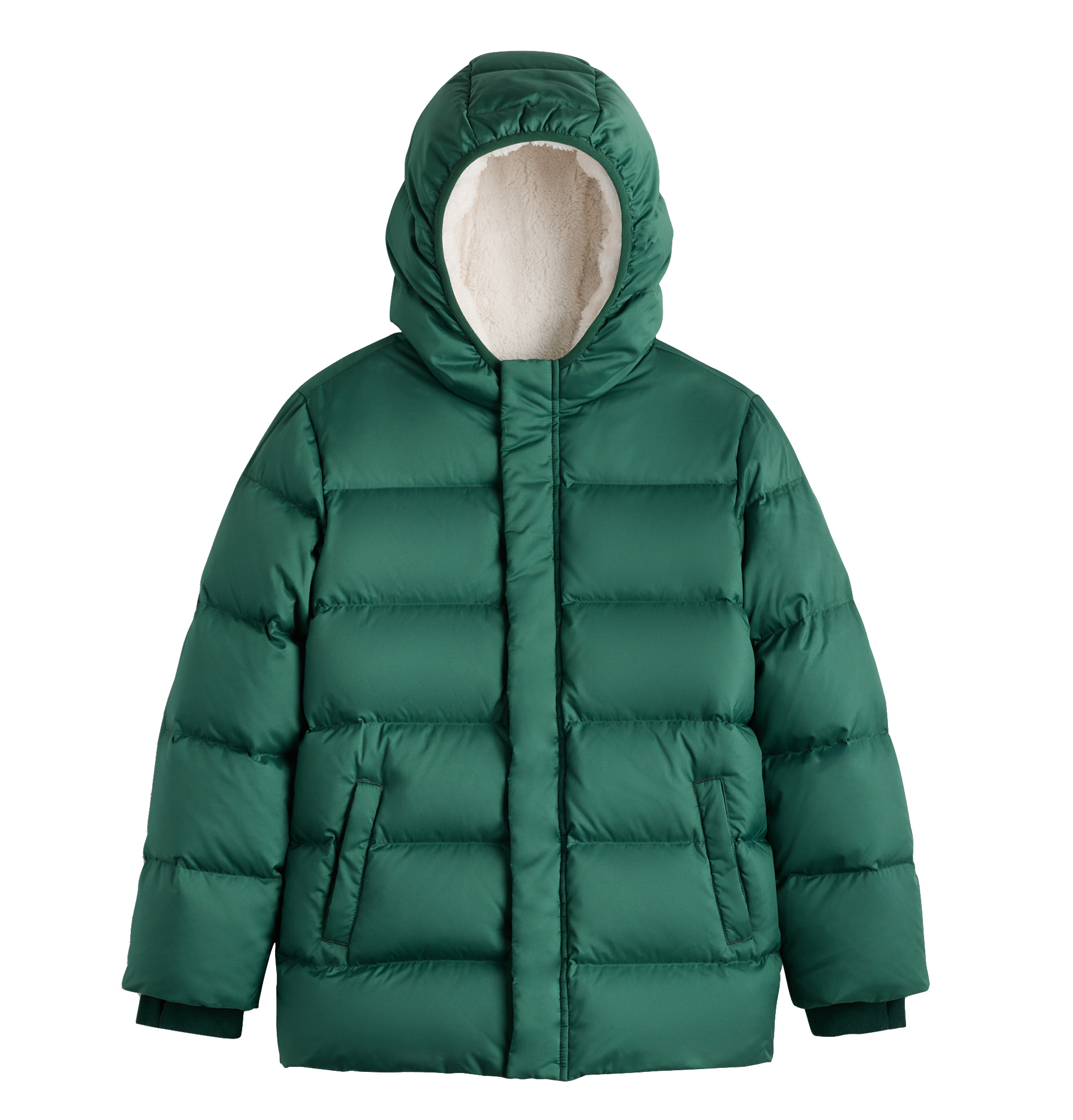 Kids Sherpa Lined Hooded Puffer Jacket Boys Girls Mid Length Thickened Windproof Warm Solid