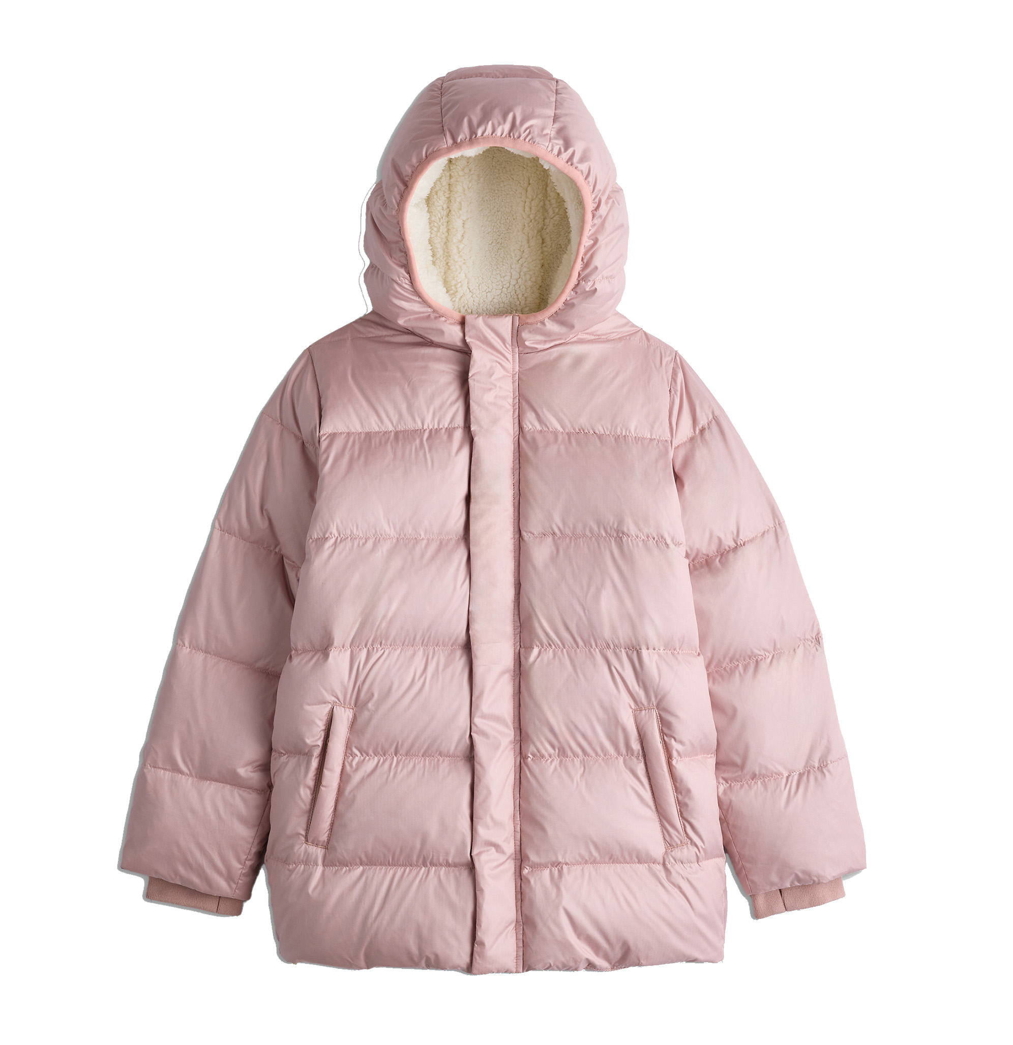 Kids Sherpa Lined Hooded Puffer Jacket Girls Mid Length Thickened Windproof Warm Solid